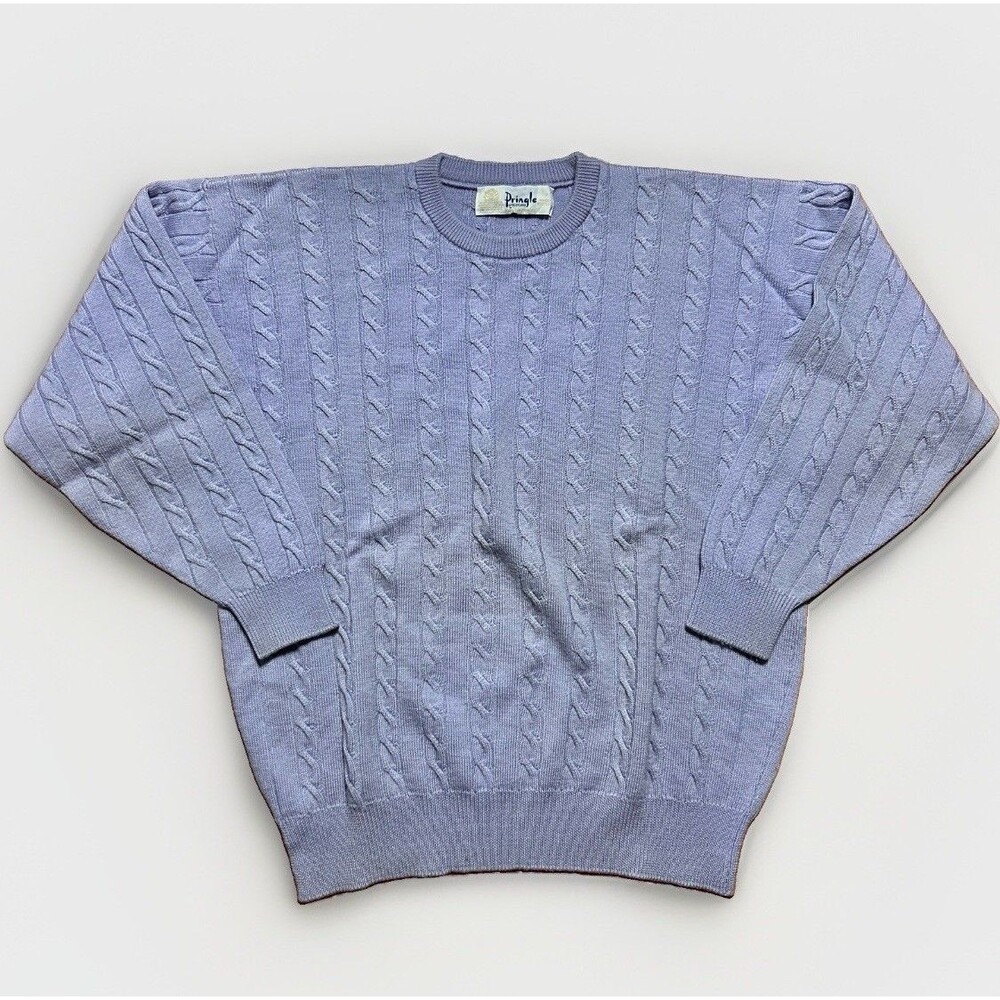 Pringle of Scotland Lambs Wool Cable Knit Crewneck Sweater Mens Medium Lavender
